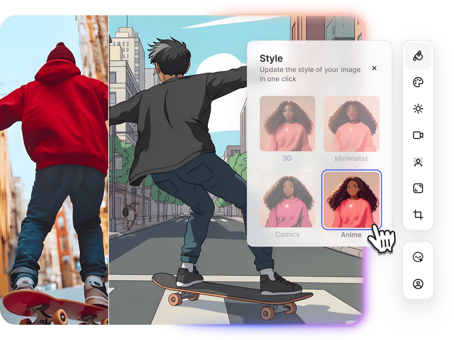 VEED's Photo to Anime showing a real skateboarding photo converted to anime-style illustration with a Style selection panel.