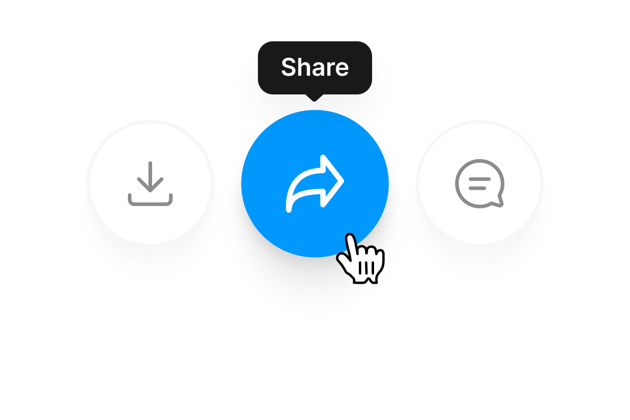 VEED's Share menu with options to download, post to channel, or comment.