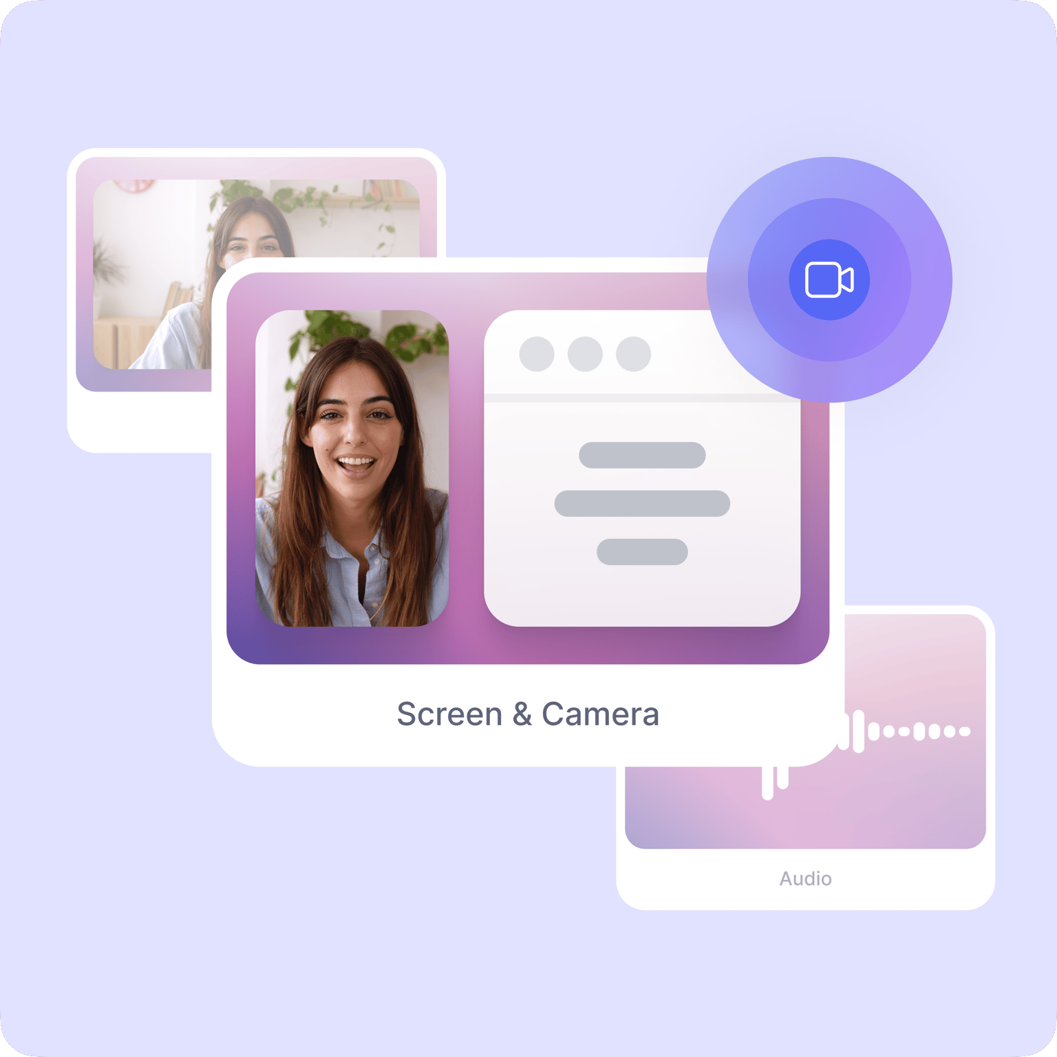 VEED Presentation Recorder showing recording layout options: Screen & Camera, Audio, and webcam capture.