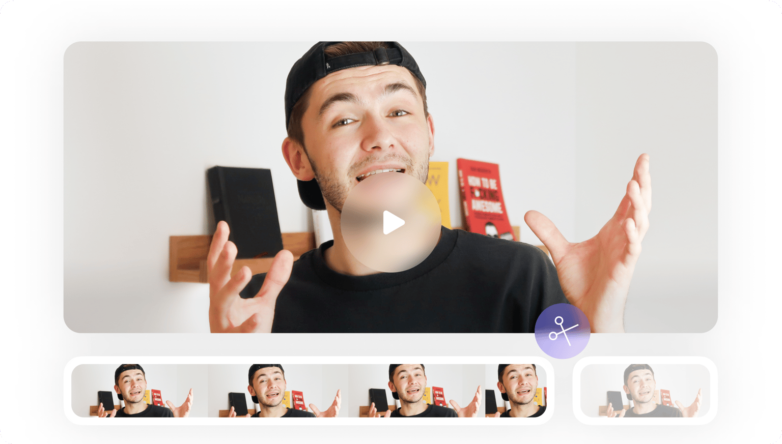 VEED's Product Video Maker interface showing a creator with mobile device and multiple video preview variations for customization.