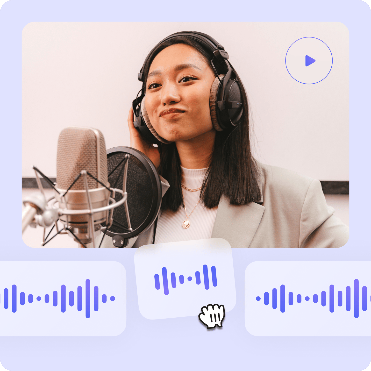 Woman recording audio in professional studio setup with headphones and microphone, real-time waveforms visualized below.