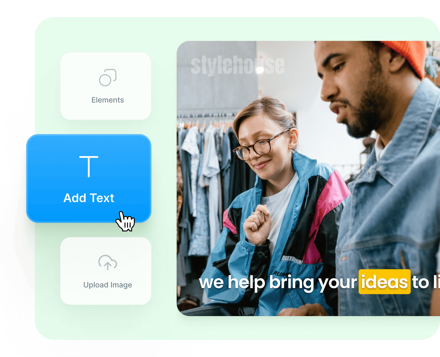 VEED's text tool for adding custom watermarks to videos, displaying the Add Text button and yellow text preview.