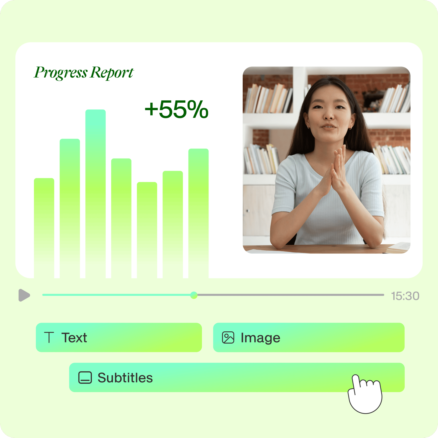 VEED's presentation editor showing timeline controls and quick-add editing options for Text, Image, and Subtitles.