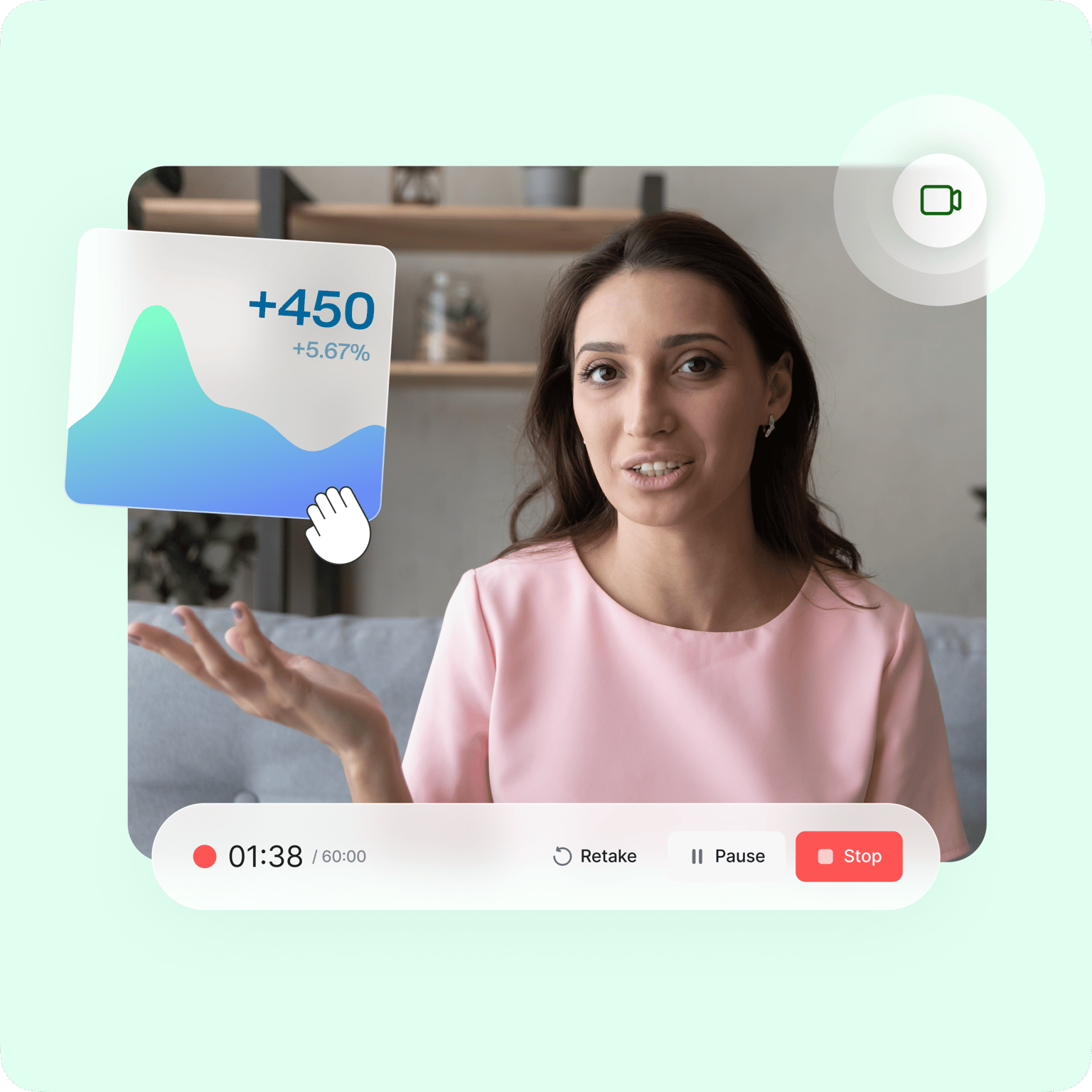VEED's Screen Recording tool showing live video capture with editing controls and infographic elements for creating demos.