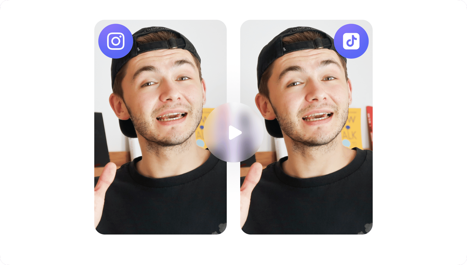 VEED's Repurpose Video feature showing the same content adapted from Instagram to TikTok format with platform logos.