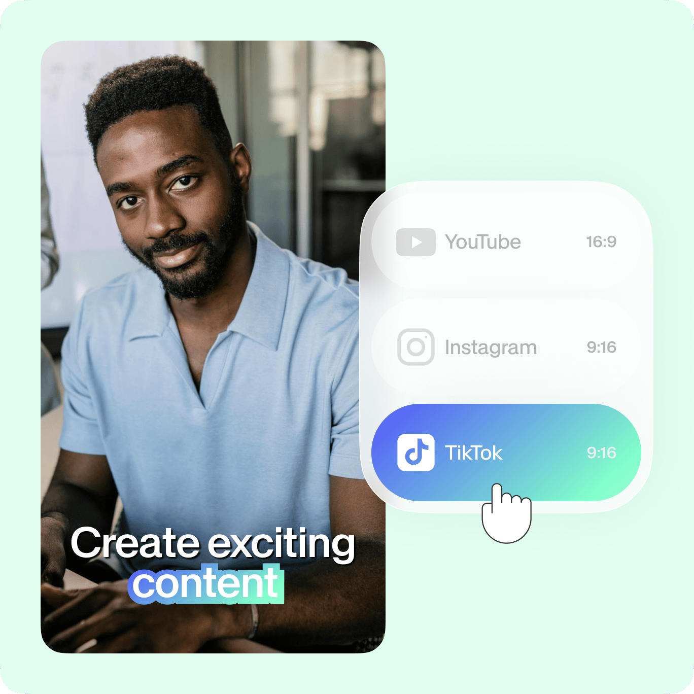 VEED's content repurposing tool displaying TikTok, Instagram, and YouTube options to create and distribute videos across platforms.