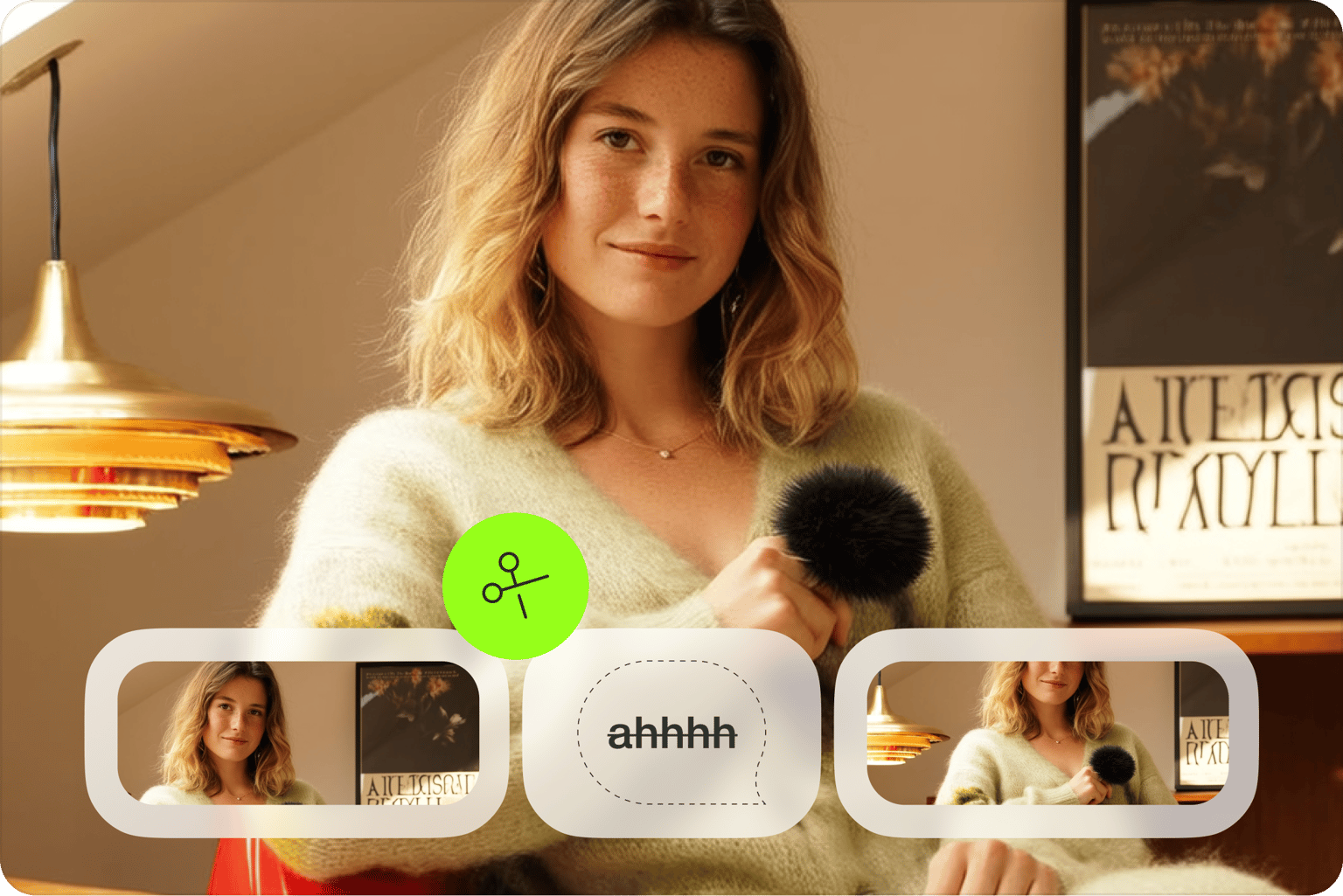 Woman demonstrating VEED's automated video editing interface with clips and controls that save hours of production time.