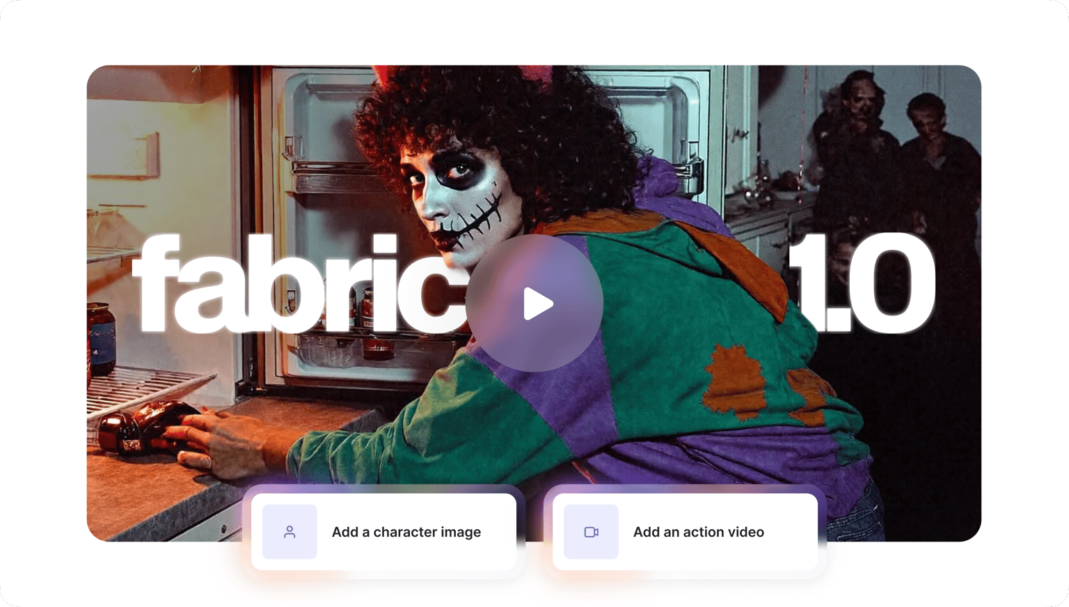 VEED's Scary Video Maker showing video editing templates with colorful content preview and playback option.
