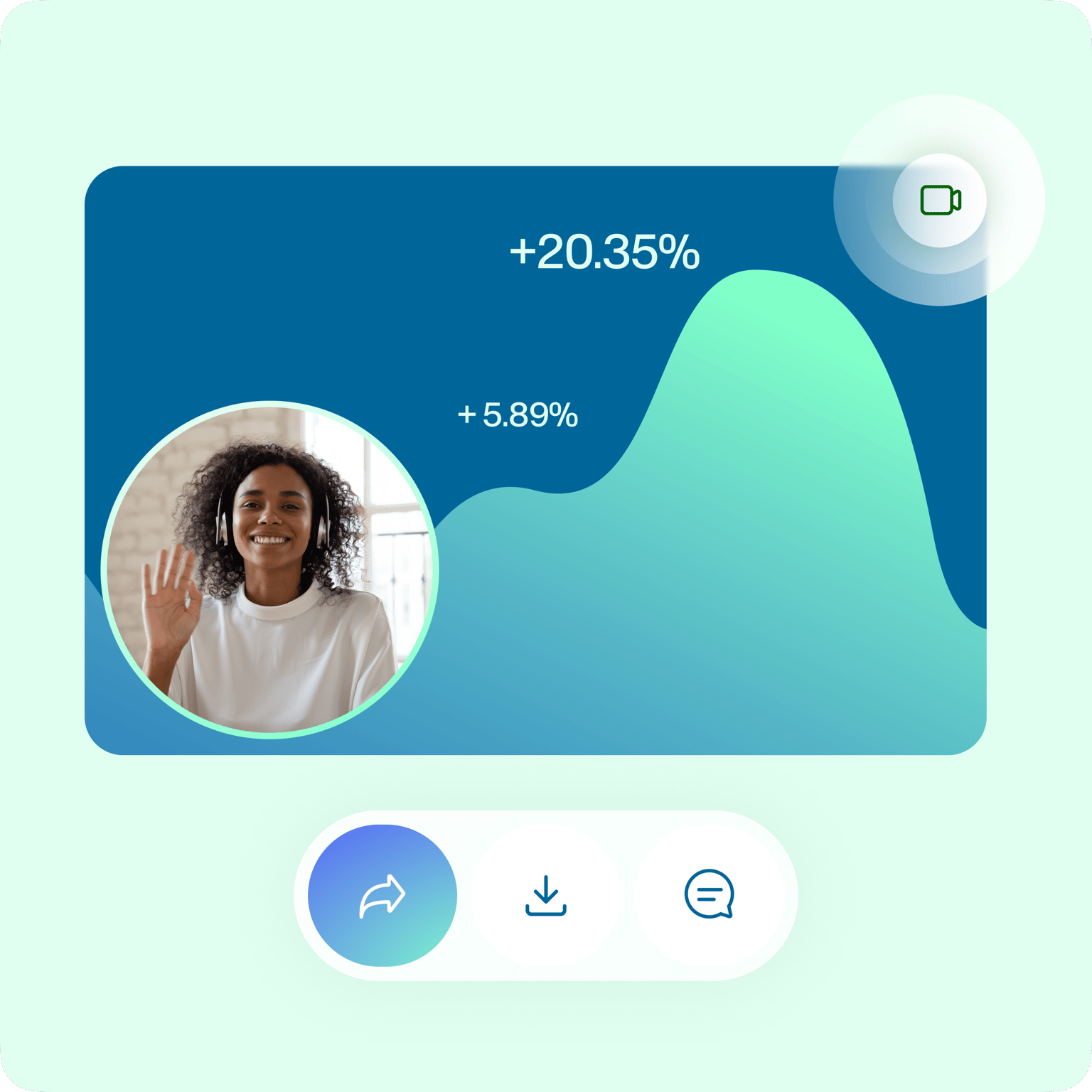 VEED's Screen and Webcam Recorder showing a presenter with performance metrics for business presentations ready to share.
