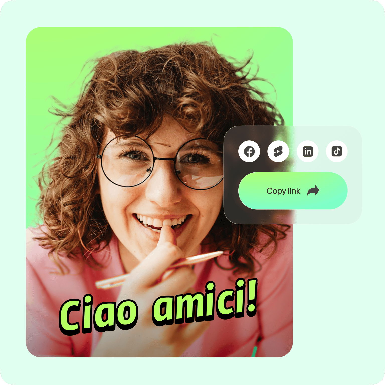 VEED's one-click video sharing interface with social media icons, a 'Copia' button, and a person greeting 'Ciao amici!'