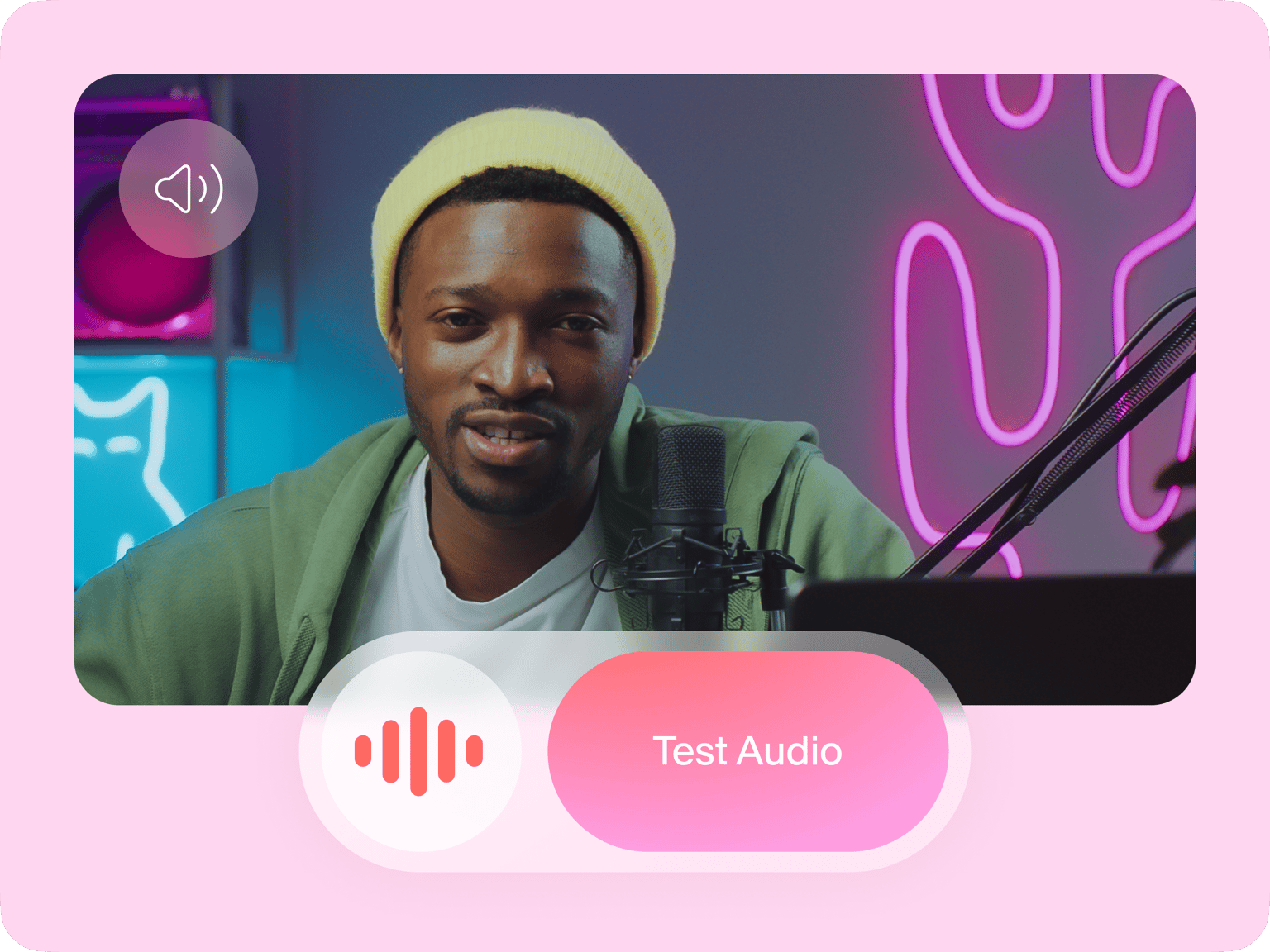 VEED's audio testing interface with a microphone recording setup and 'Test Audio' button for audio quality verification.