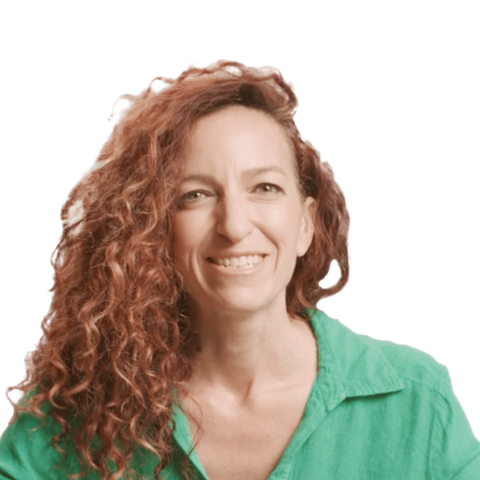 Speaker profile headshot of a woman with long curly auburn hair wearing a bright green shirt.