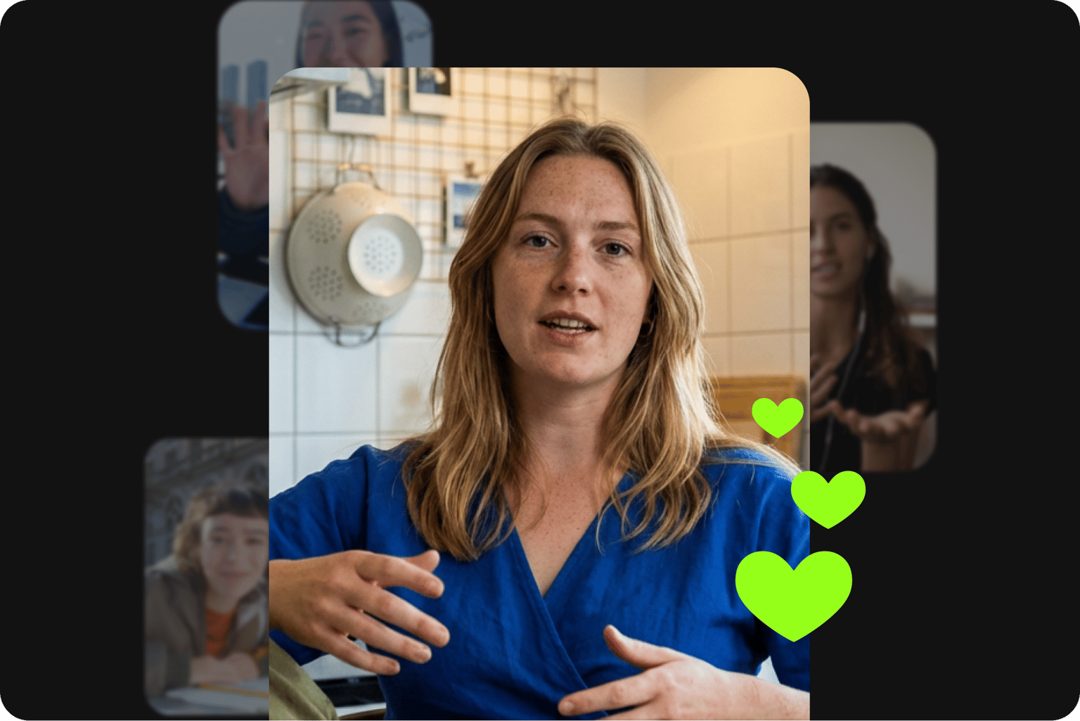 Creator with stacked video clips and engagement hearts, showing VEED's video editor for eye-catching social media content creation.