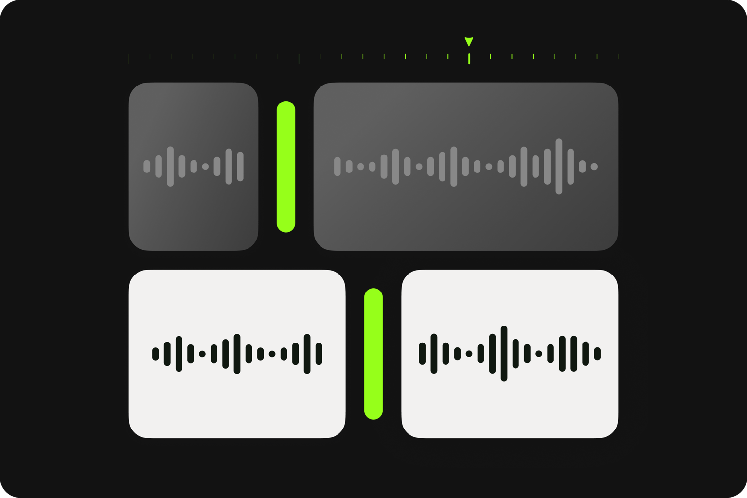VEED's multi-track audio editor showing four parallel waveform clips with a green playhead on a dark timeline.