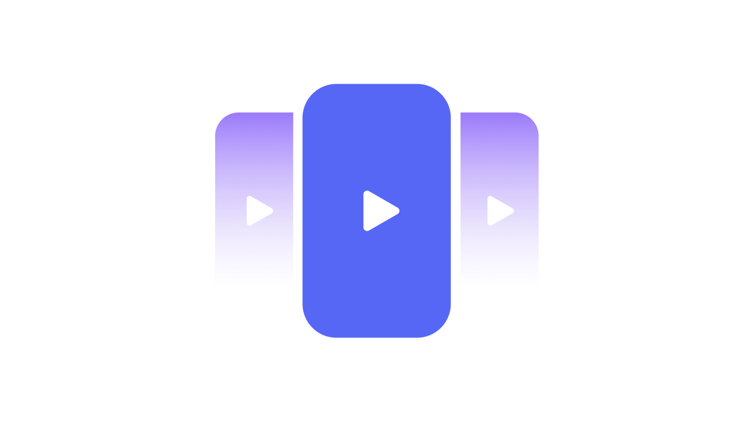 Three video preview cards with play buttons—center highlighted in blue—for testing and comparing video results.