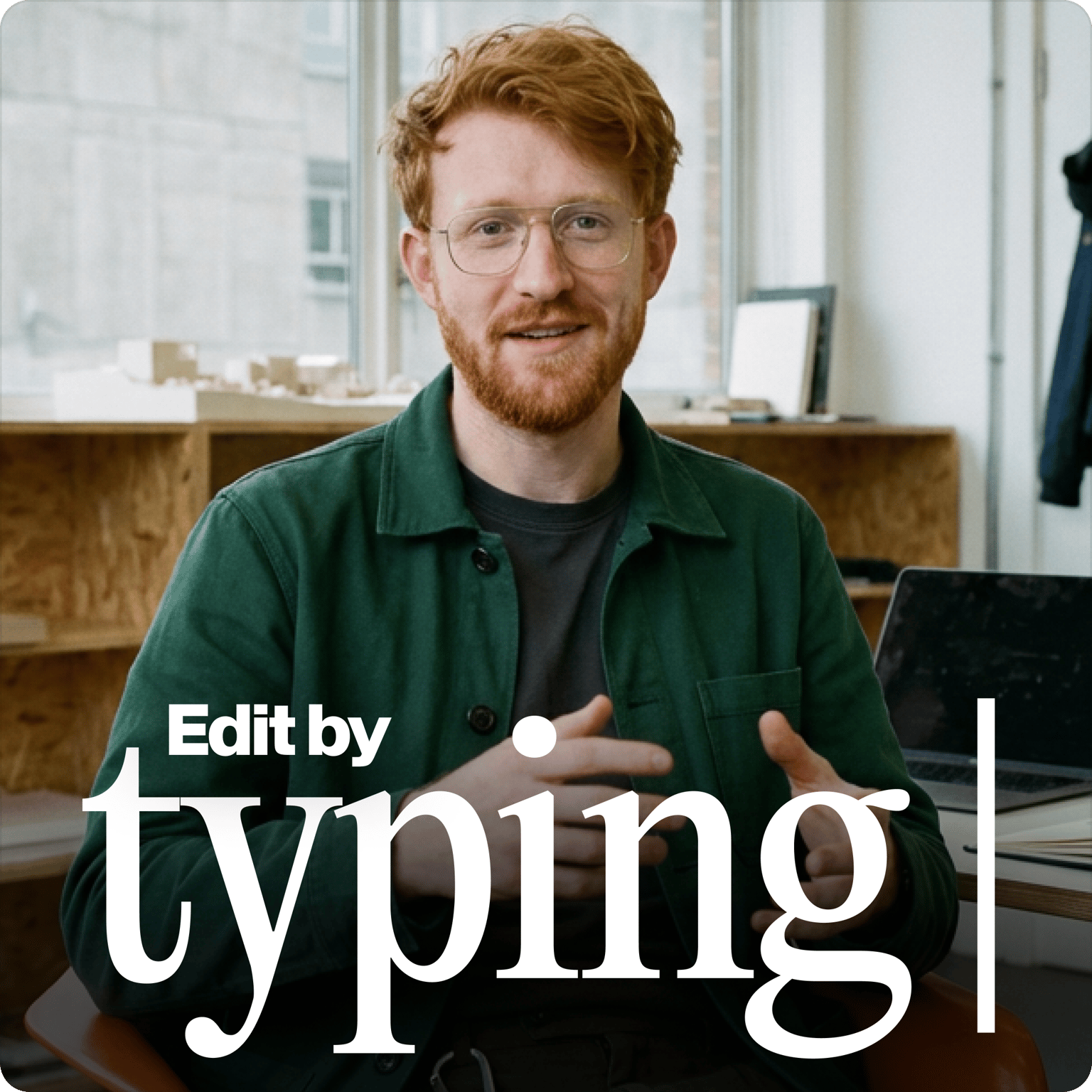 Person demonstrates VEED's text-based video editor with 'Edit by typing|' overlay showing how to edit videos by typing text.