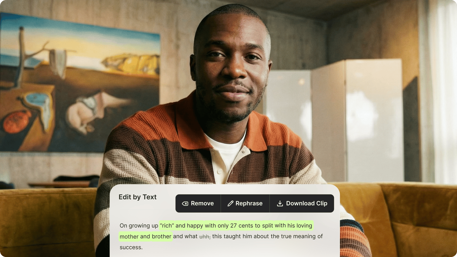 VEED's text-based video editor shows selecting speech by clicking text in the transcript panel below a video clip.