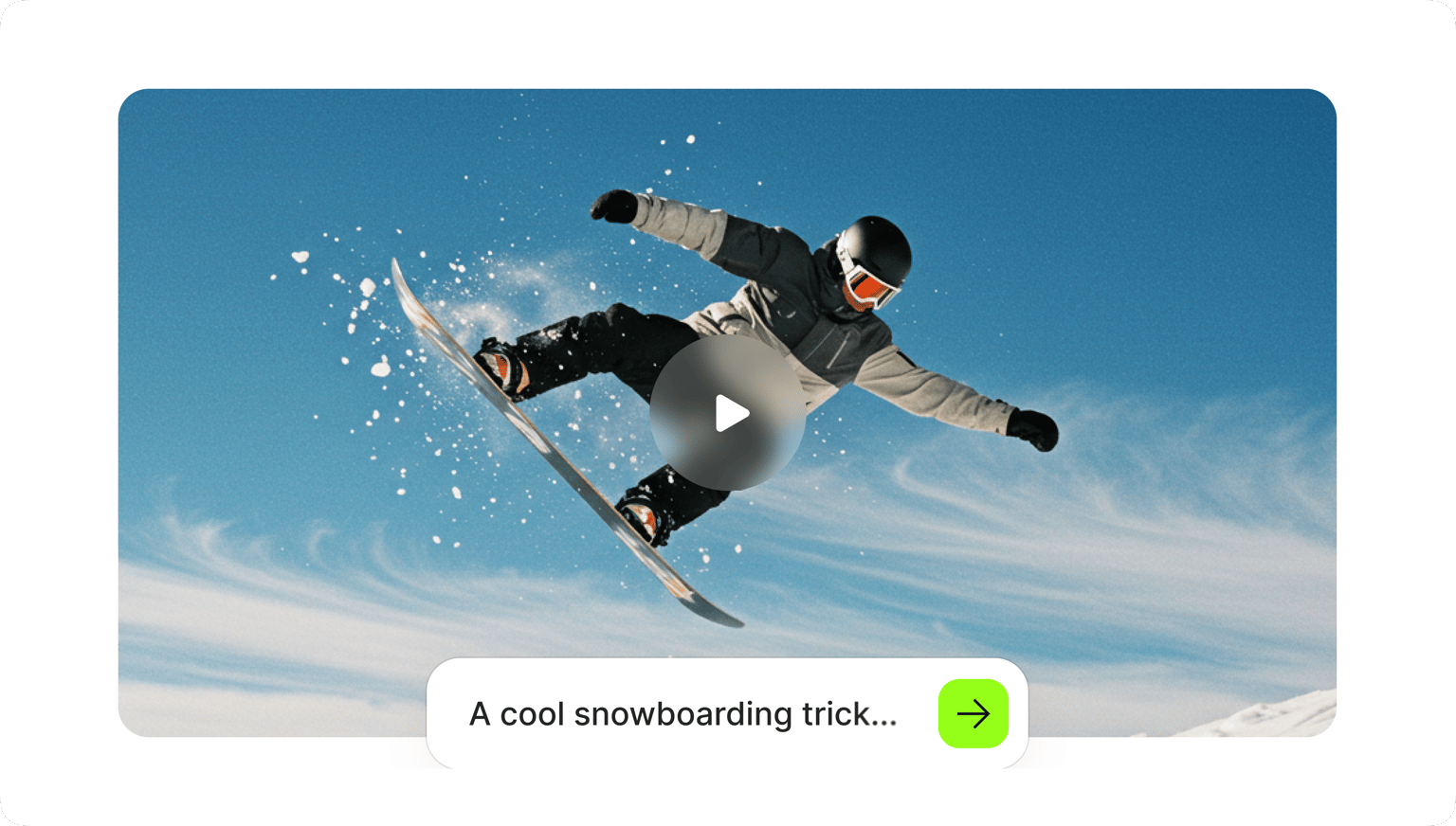 VEED's Text to Image showing 'A cool snowboarding trick' converted to airborne snowboarder with green success checkmark.