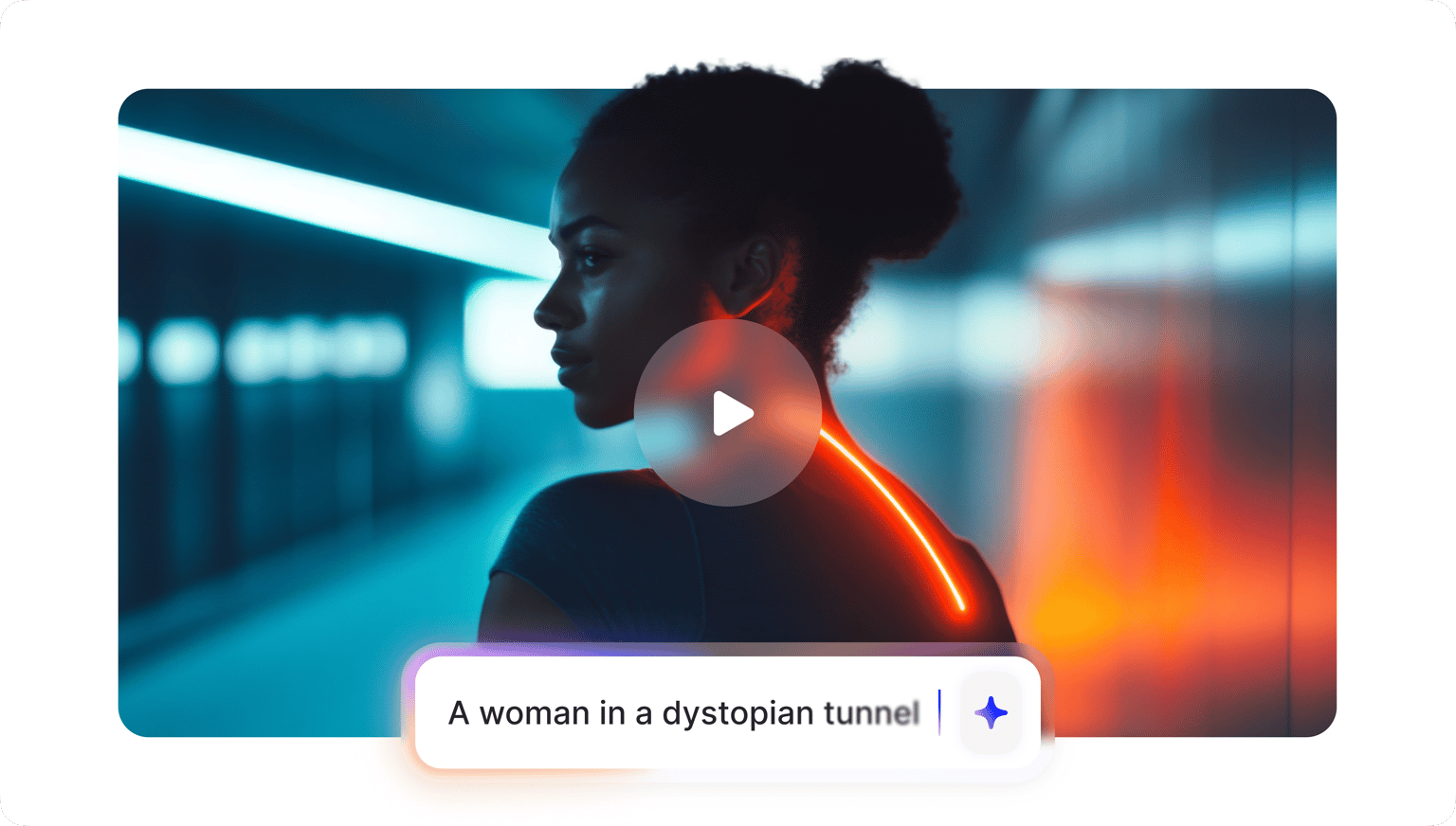 VEED's Text to Image generates a cyberpunk image from the prompt 'A woman in a dystopian tunnel' with neon blue and orange lighting.