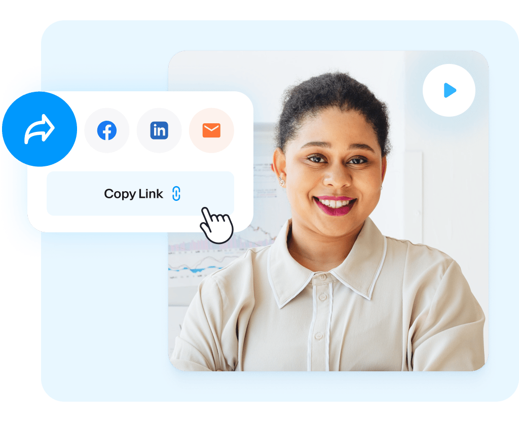 VEED's share feature displaying copy link option and social media buttons for distributing video messages.