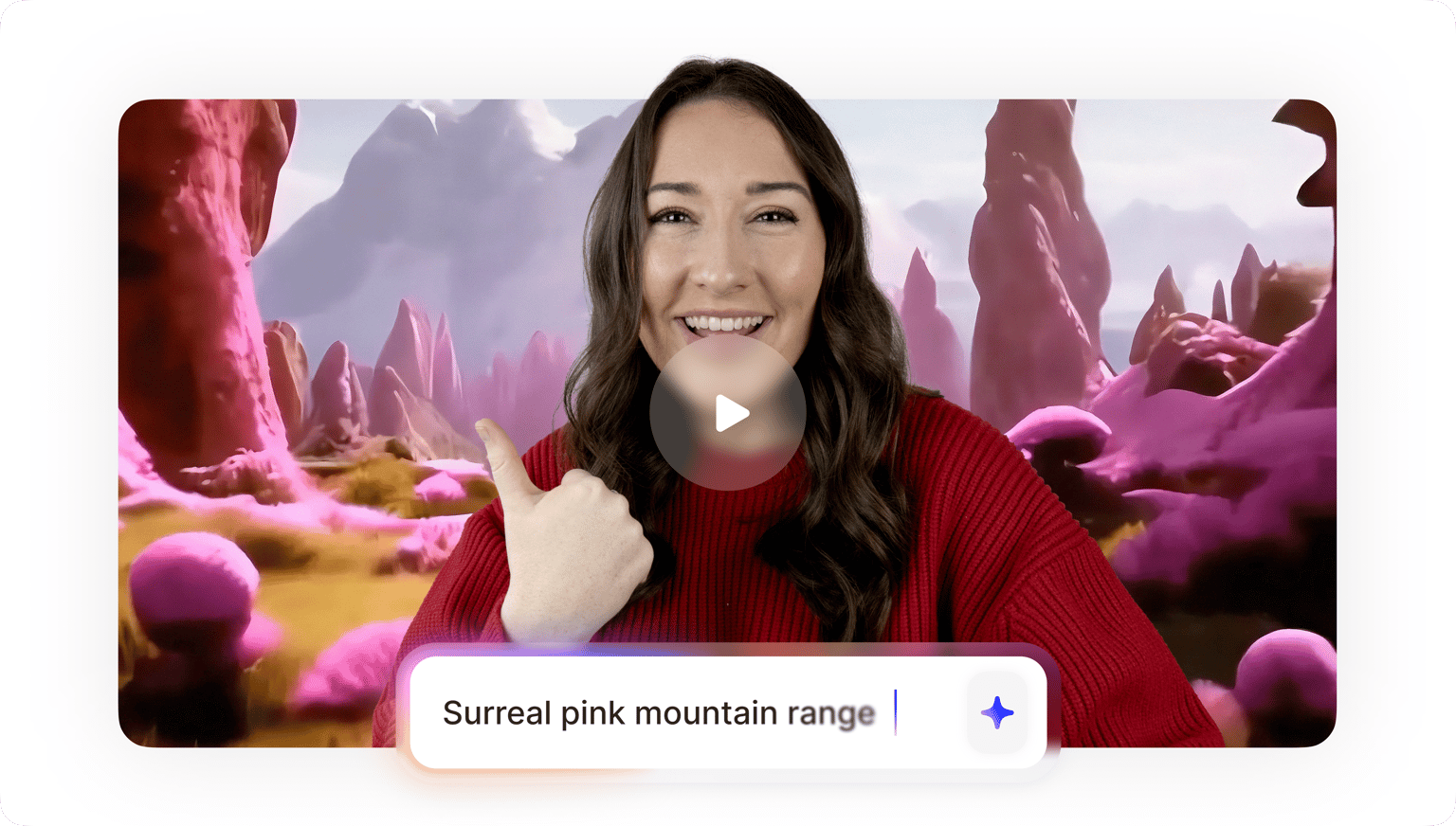 VEED's AI video tool generates full videos from text prompts like 'pink mountain range', with a woman shown in the scene.