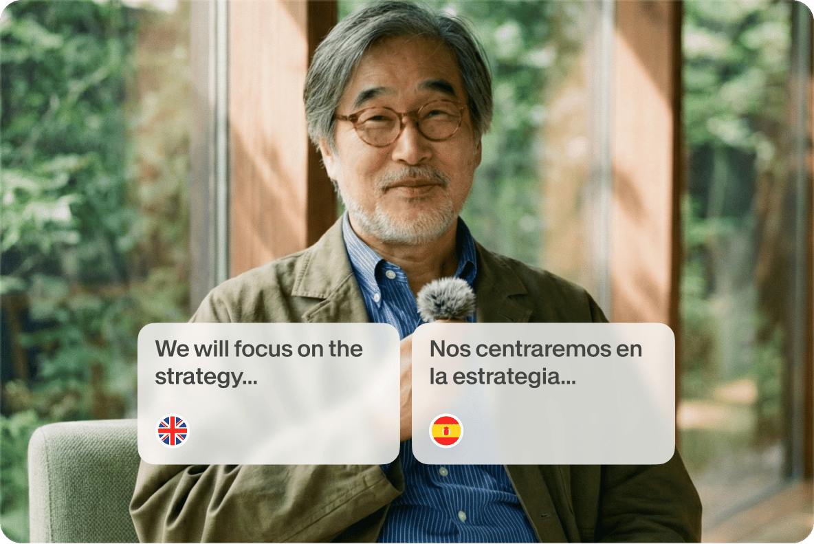 VEED's Subtitle Generator showing a person's speech transcribed in English and auto-translated to Spanish.