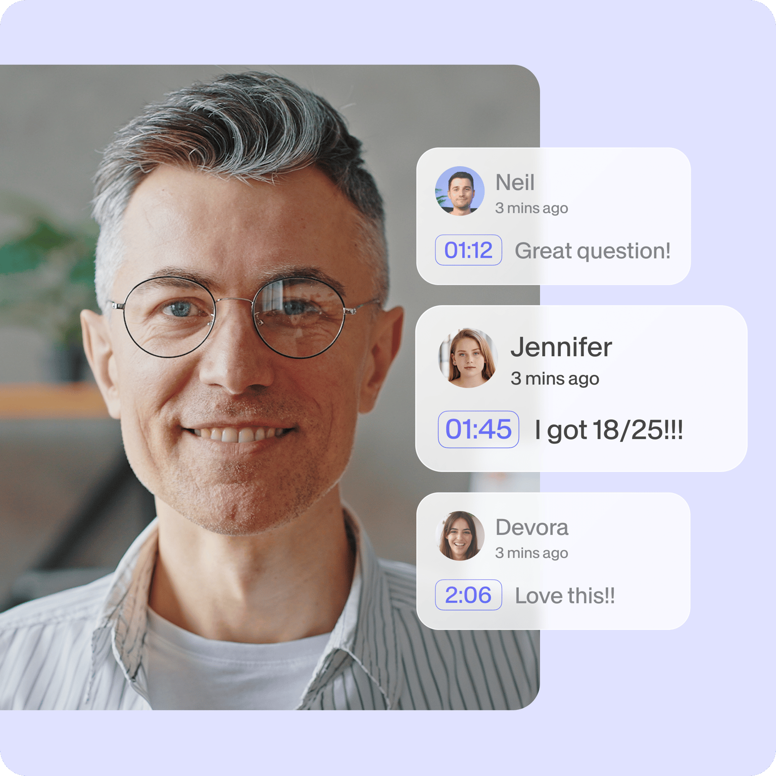VEED's interactive video feature enabling live viewer participation with comments from Neil, Jennifer, and Devora.