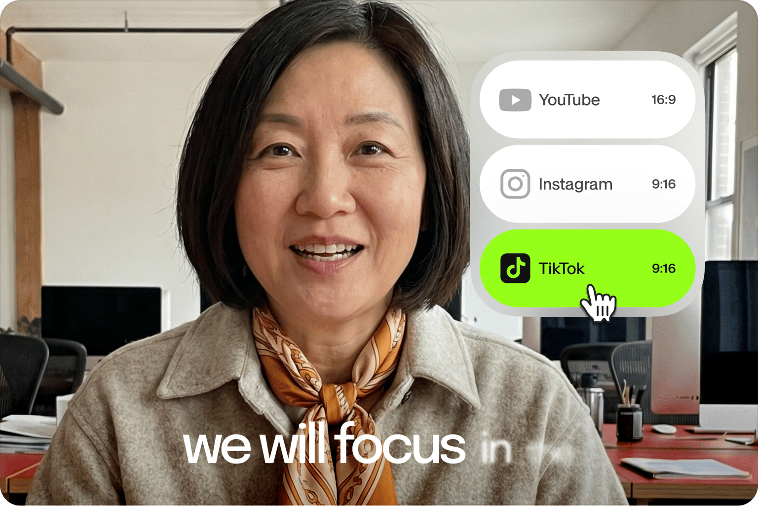 Woman demonstrating VEED's video shorts creation for multiple platforms (YouTube, Instagram, TikTok) with overlay text 'we will focus in'.