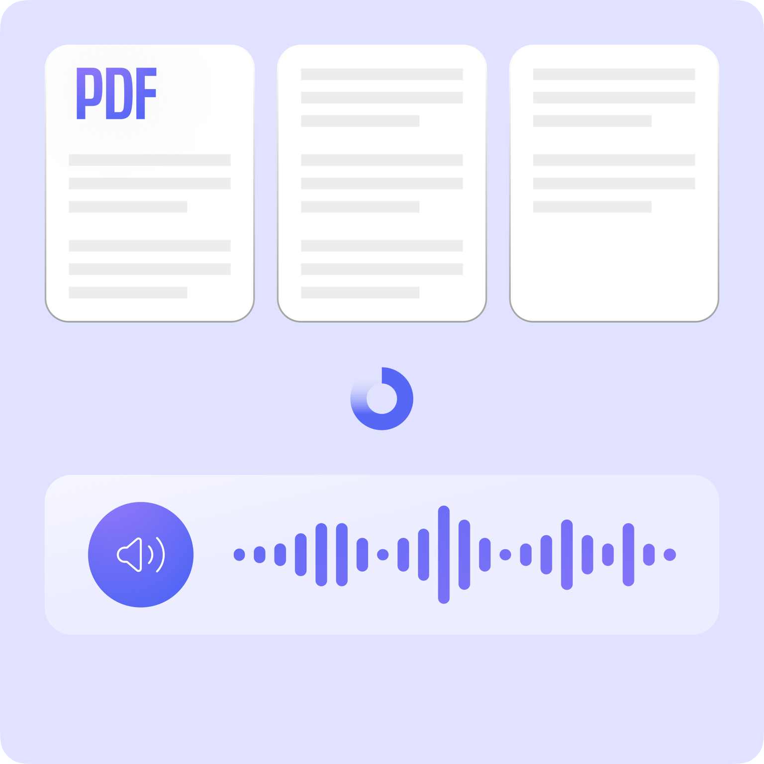 VEED converts text-heavy PDFs into engaging audio content, shown as documents transforming into an audio waveform.