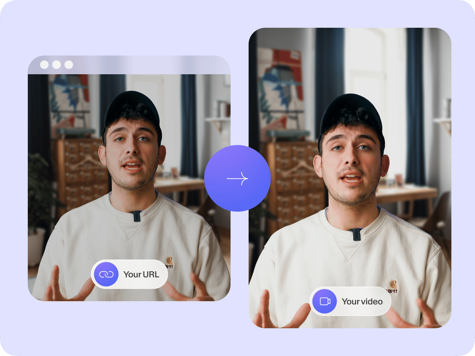 VEED's video creation interface showing two side-by-side video preview frames with a central play button.