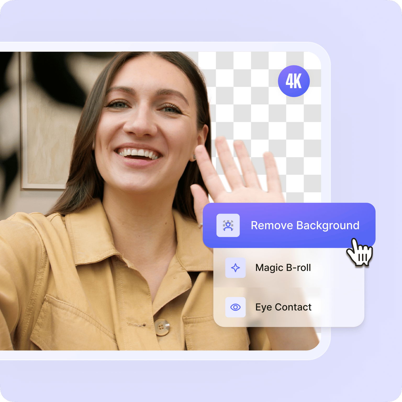 VEED's background removal interface with Remove Background, Magic B-roll, and Eye Contact features for professional video editing.