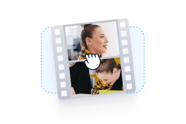 VEED's video upload and record feature displaying multiple clips in a film strip format for editing.