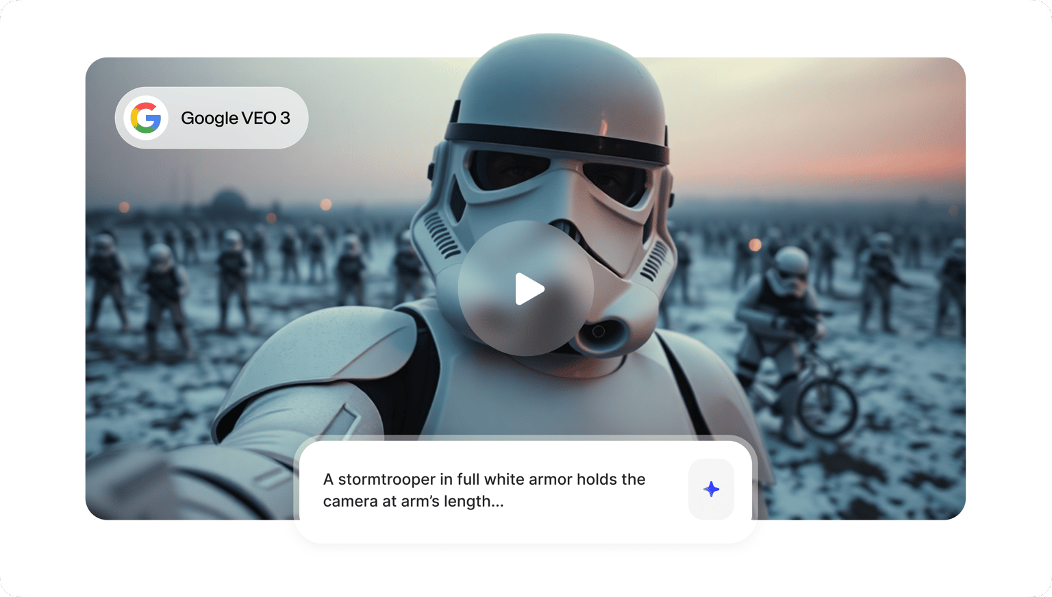 VEED's VEO 3 demonstrating AI video generation capability with a cinematic stormtrooper scene.