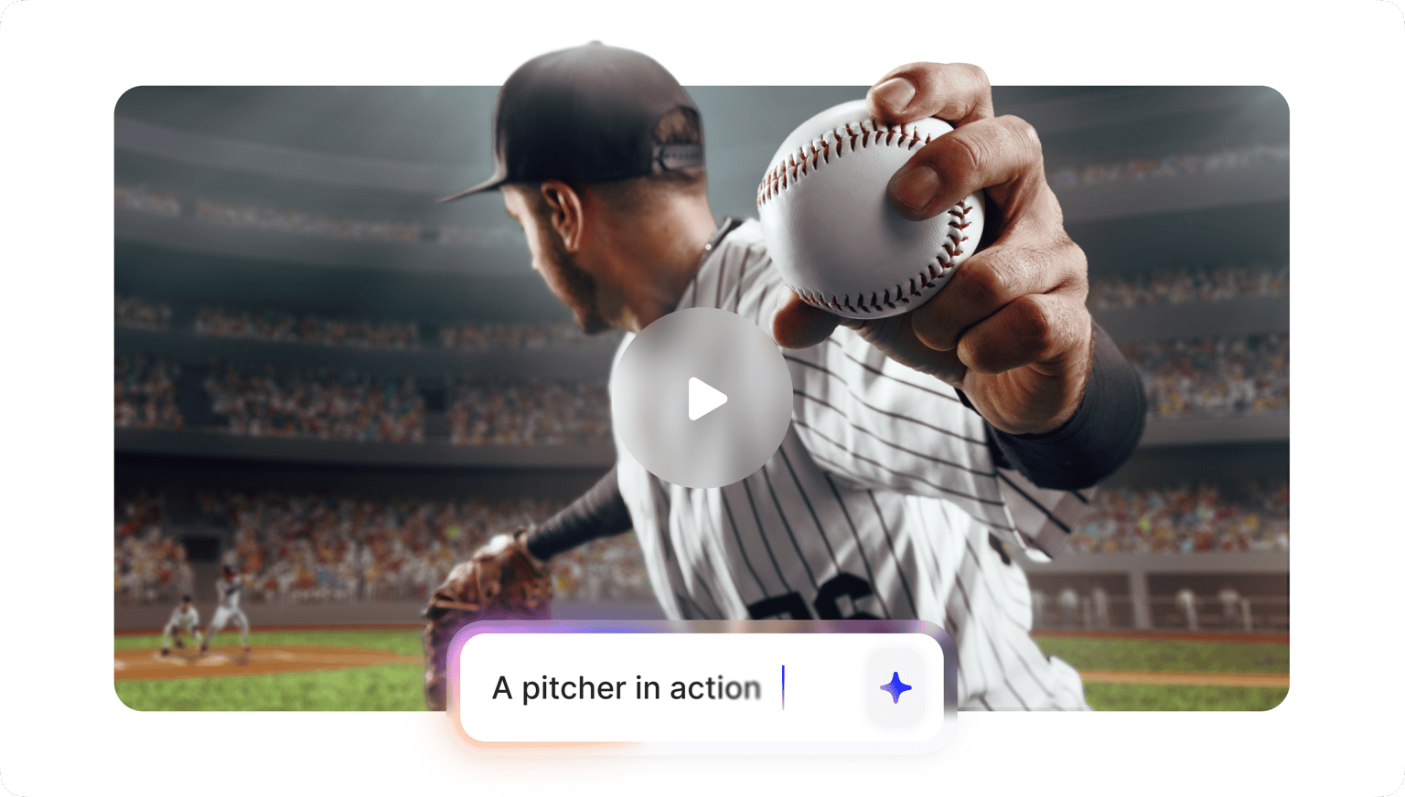 VEED's VEO 3 AI video generation demo showing baseball footage labeled 'A pitcher in action.'