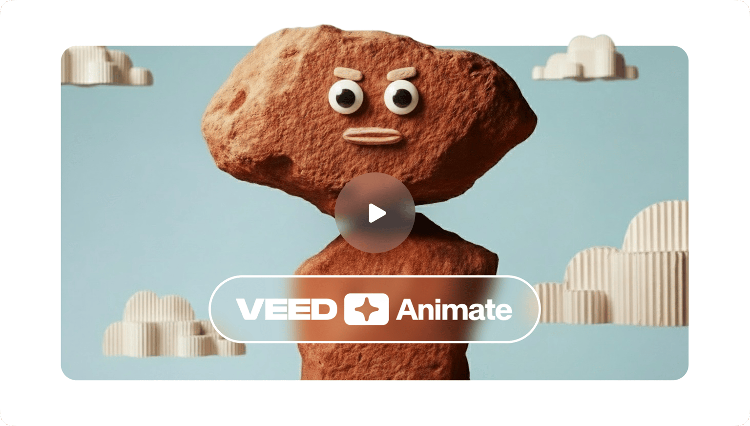 VEED Animate showing a playful 3D animated brown character with eyes against a light blue background.