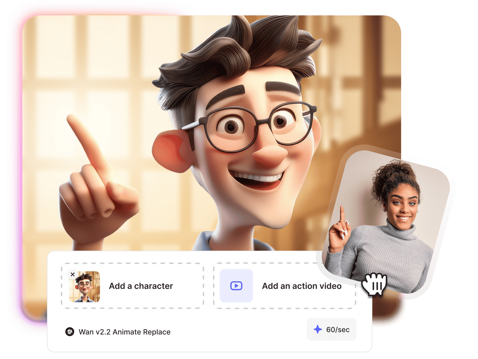 VEED's Video Cartoonizer transforming a video subject into an animated cartoon character with customizable animation options.