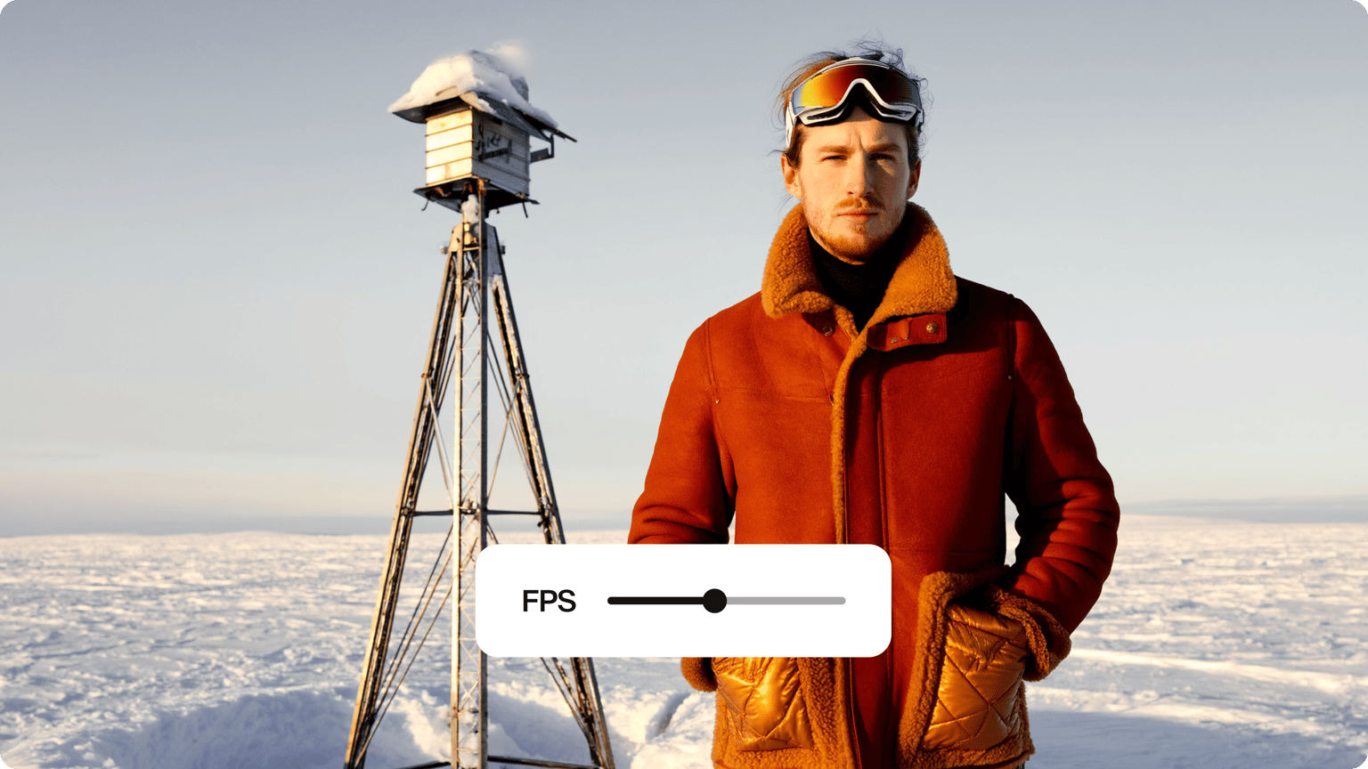 Video frame rate converter demo showing an FPS slider over a video of a man in a brown coat and goggles in the snow