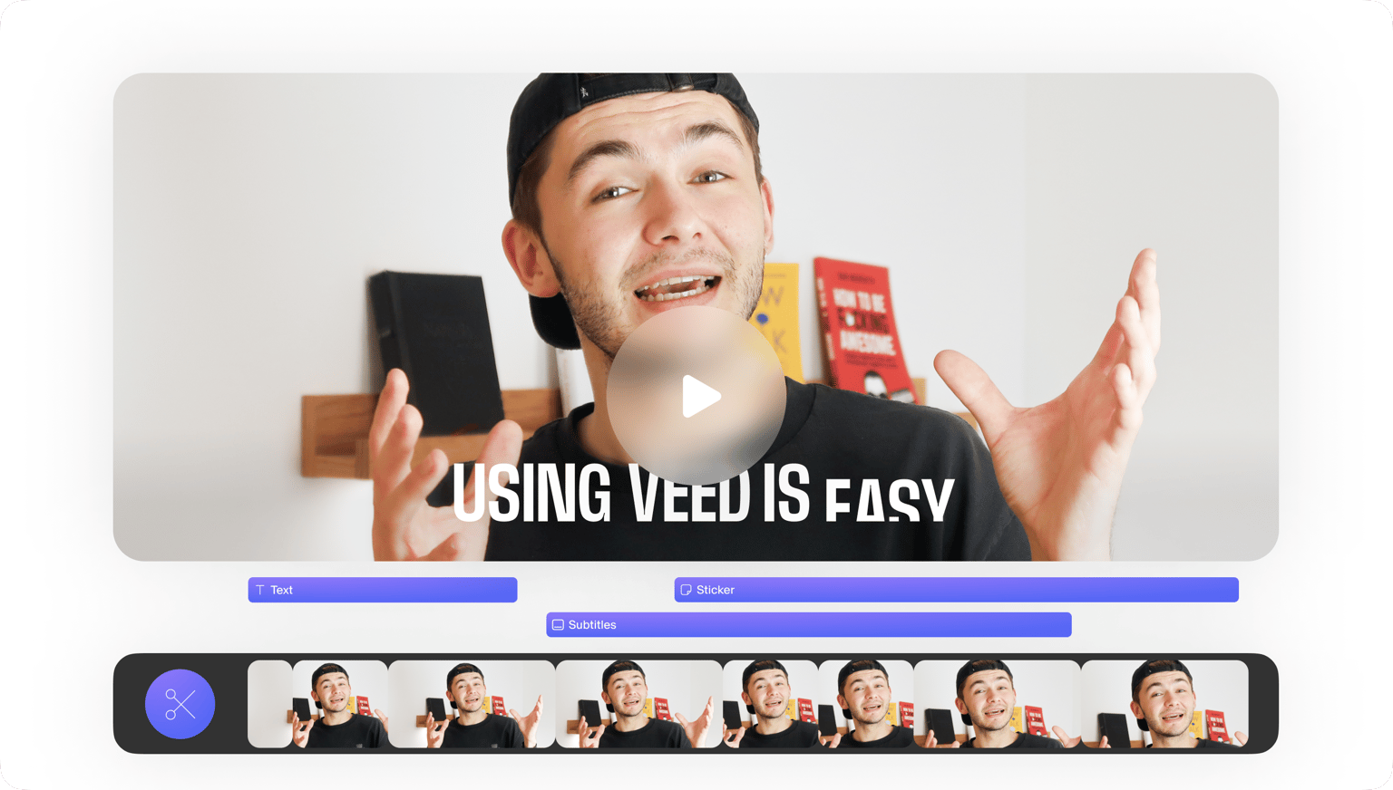 VEED's Video Maker showing 'USING VEED IS EASY' with a user and samples highlighting the platform's simplicity.