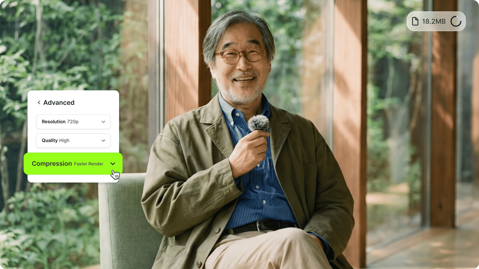 Elderly man holding a lapel mic with an advanced compression settings menu for faster render video optimization.