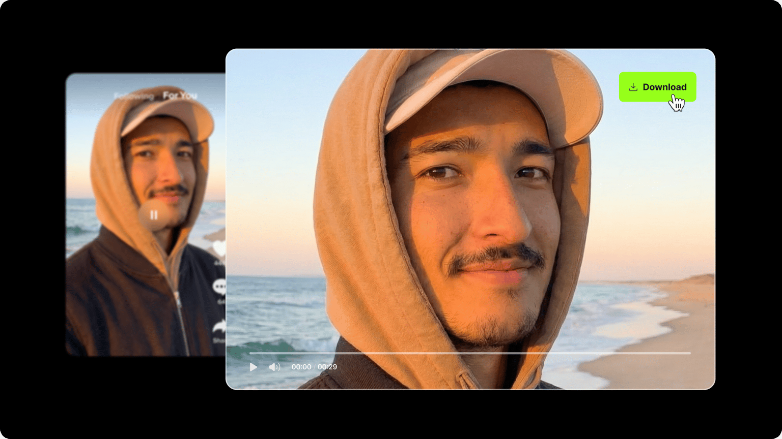 A video player showing a man in a hoodie at the beach with a cursor hovering over a download button.