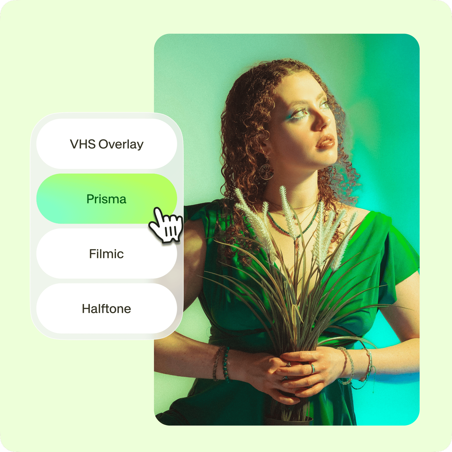 VEED's video effects menu displaying VHS Overlay, Prisma, Filmic, and Halftone filter options applied to a creator's portrait.