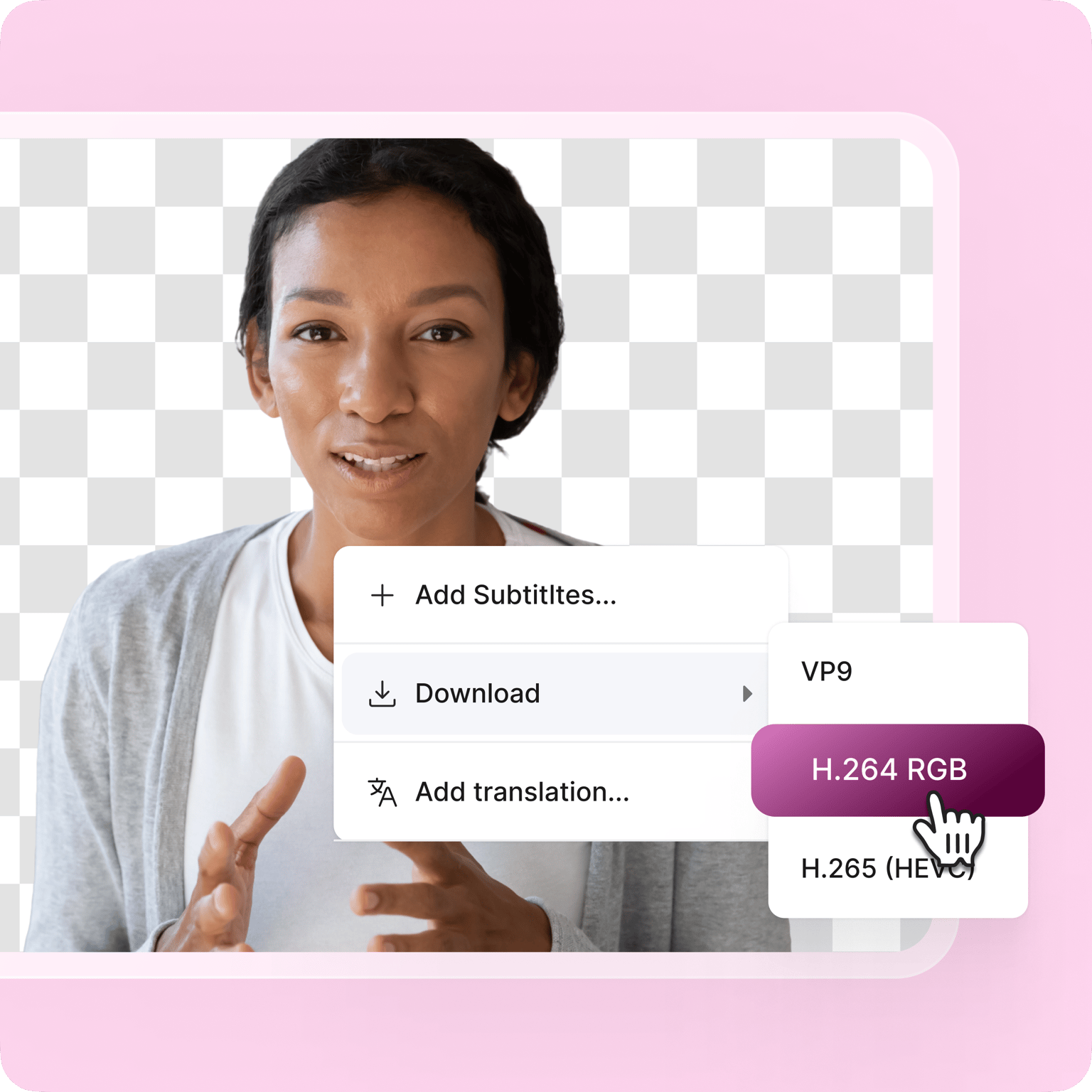 VEED's background removal showing a person with transparent background and menu options for subtitles, translations, and download.