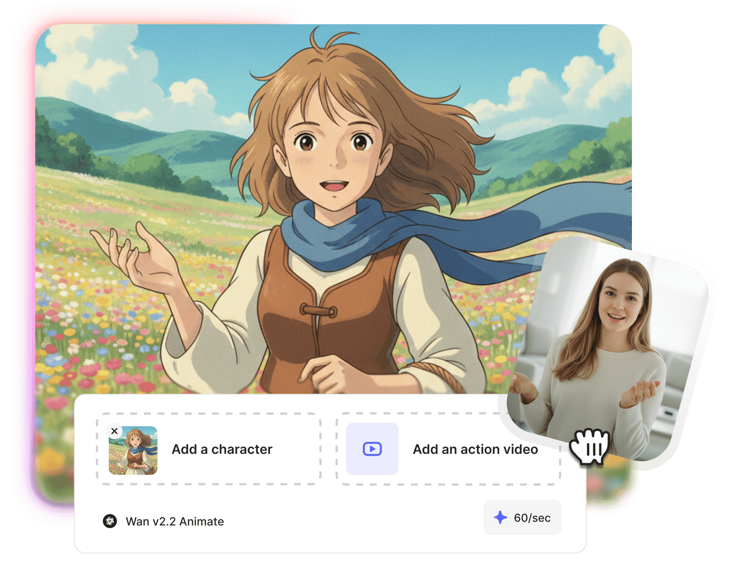 VEED's Video to Anime showing video converted to anime art with UI controls to add characters and customize animations.