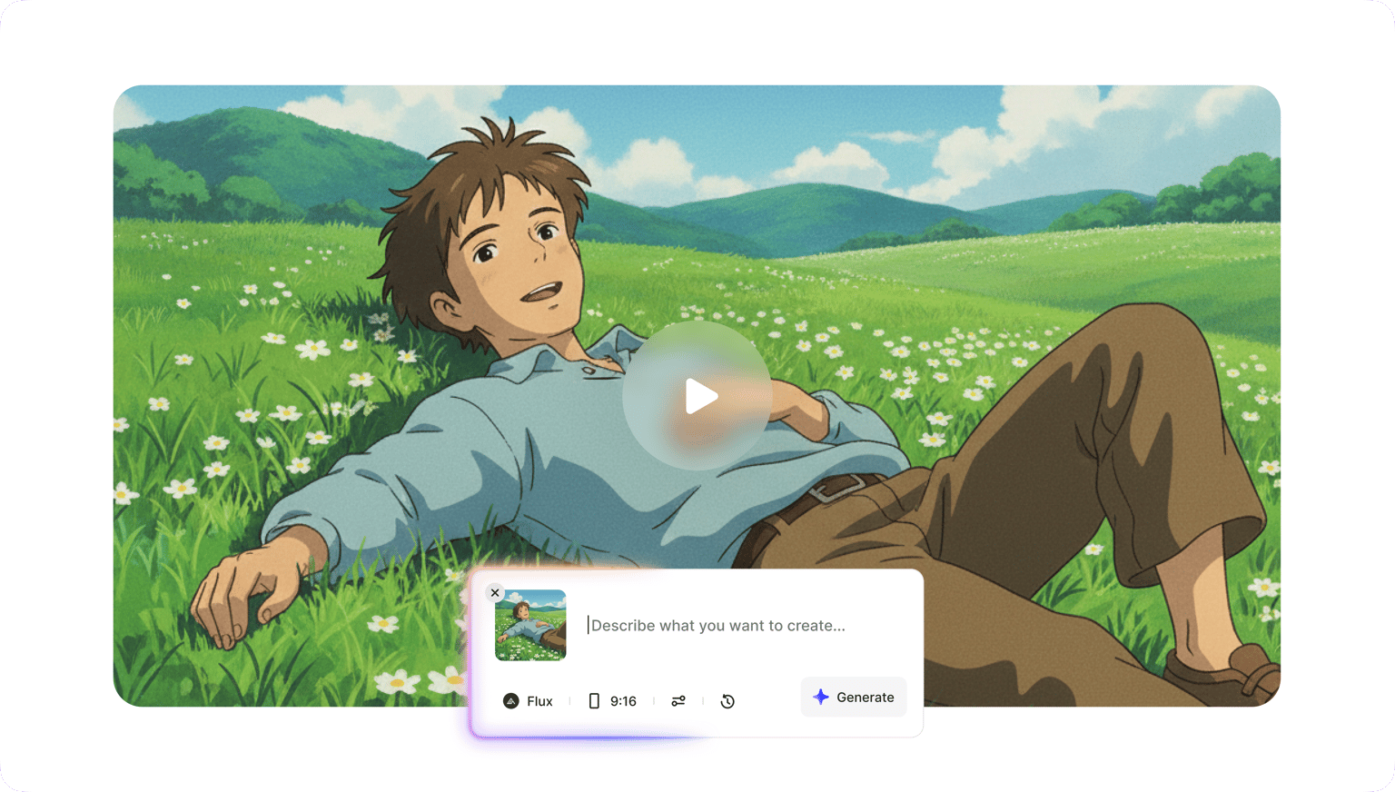 VEED's Video to Anime demo showing live-action video transformed into anime-style animation of a character in flowers.
