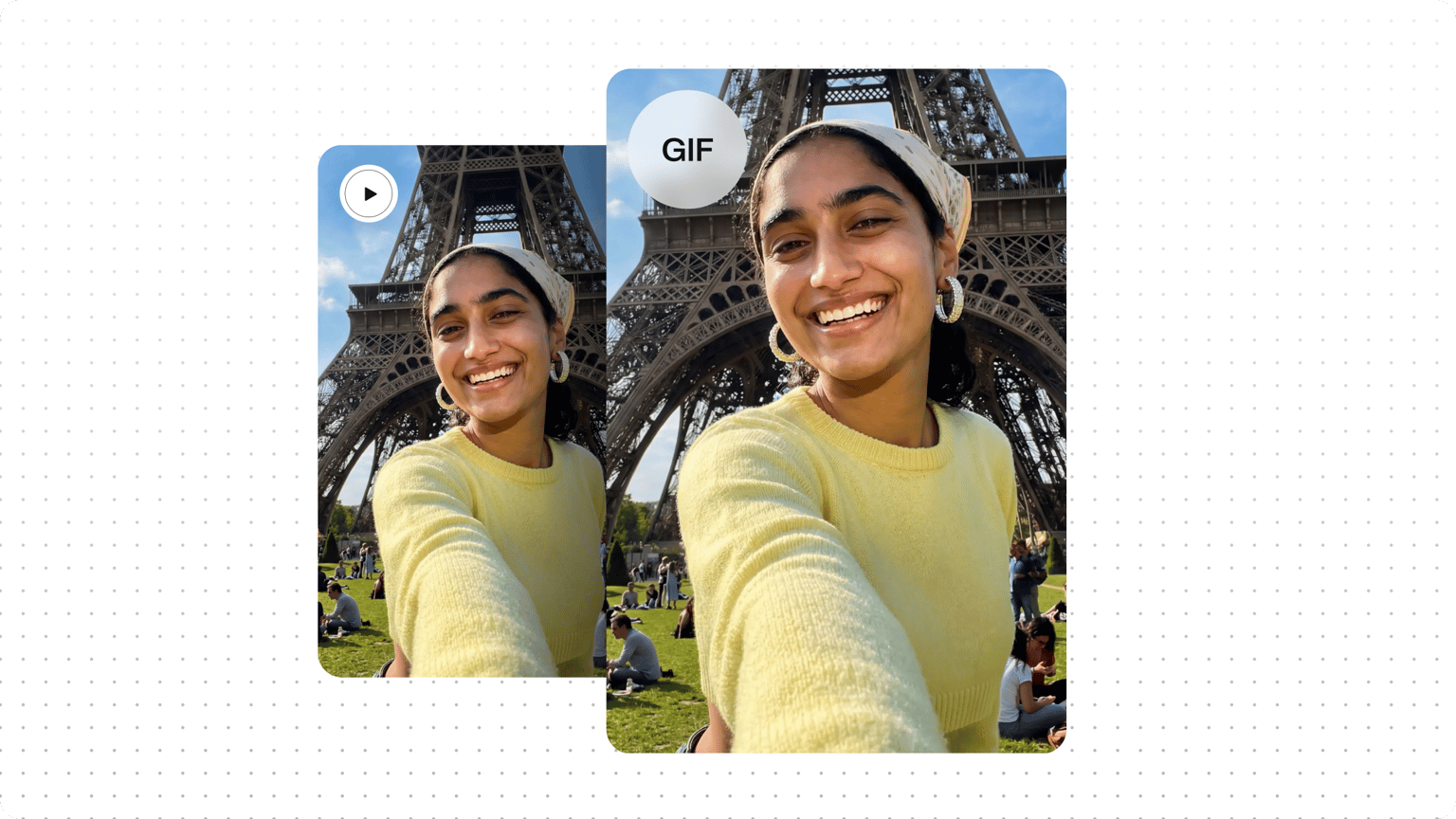 Smiling woman in a yellow sweater in front of the Eiffel Tower with a video to GIF converter interface overlay.