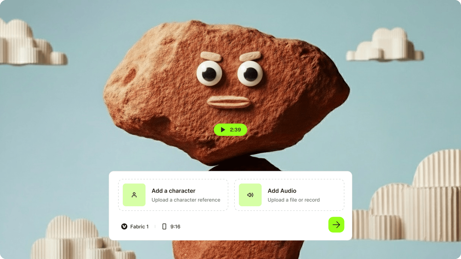 VEED's video-to-video model demo interface with an animated character presenting interactive editing controls and transformation options.