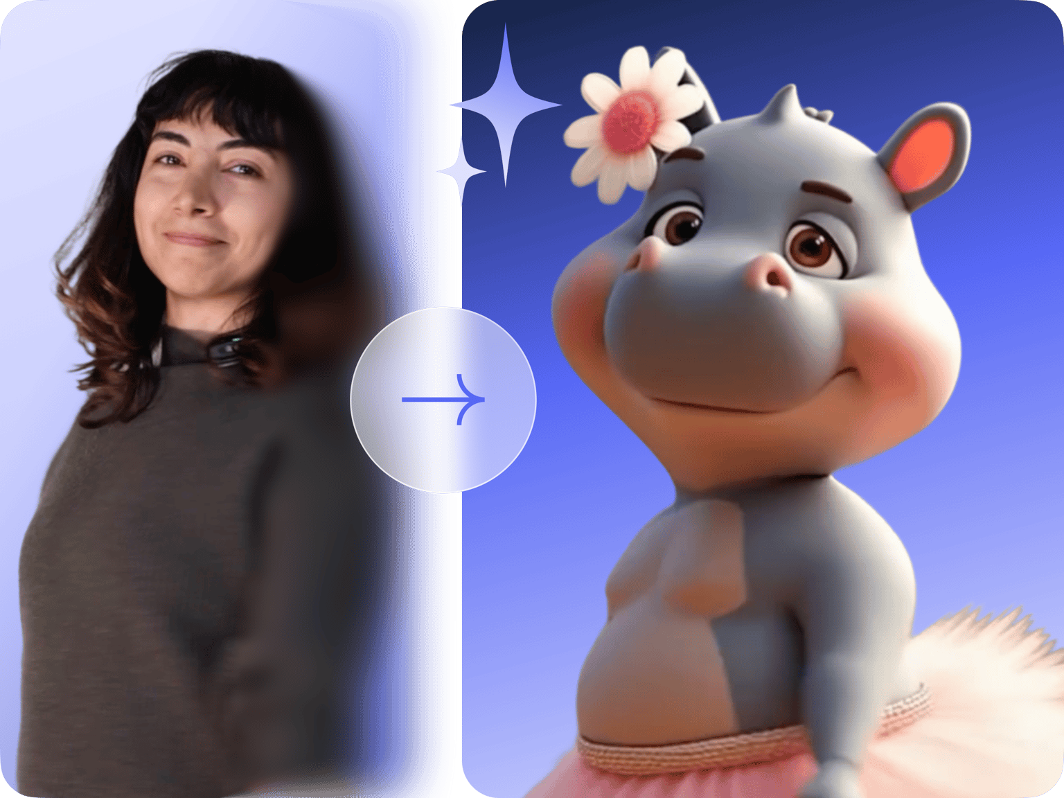 VEED's Video to Video model transforming a live-action person's video into an animated 3D character.