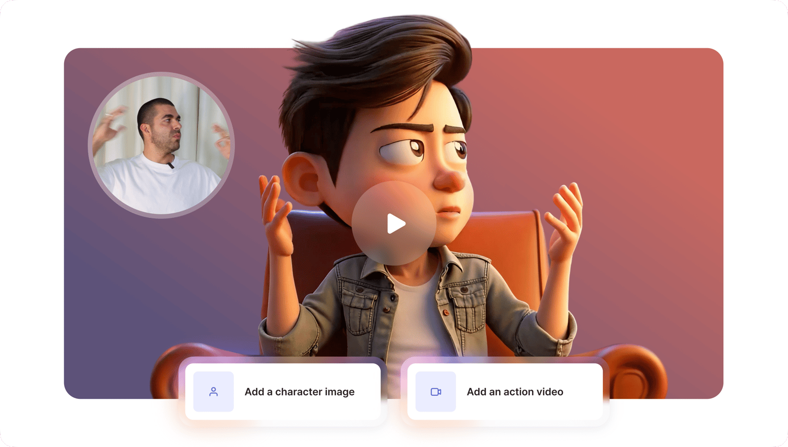 VEED's Video to Video Models generates AI-animated characters from a reference image and action video input.