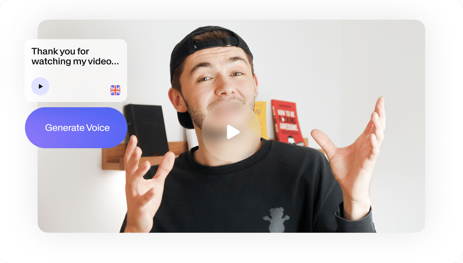 VEED's Voice Over Generator interface with 'Generate voice' button, demonstrating quick professional voice-over creation.