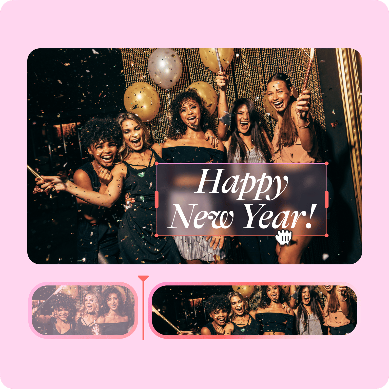 VEED template for New Year's greeting videos with 'Happy New Year!' text overlay and multiple layout options.